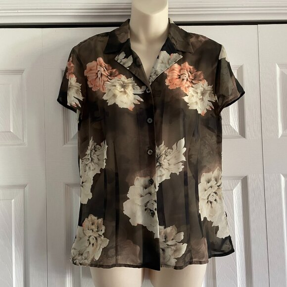 EVAN Picone cap sleeve Blouse Floral Semi Sheer button - Women's size 10 - Picture 4 of 13